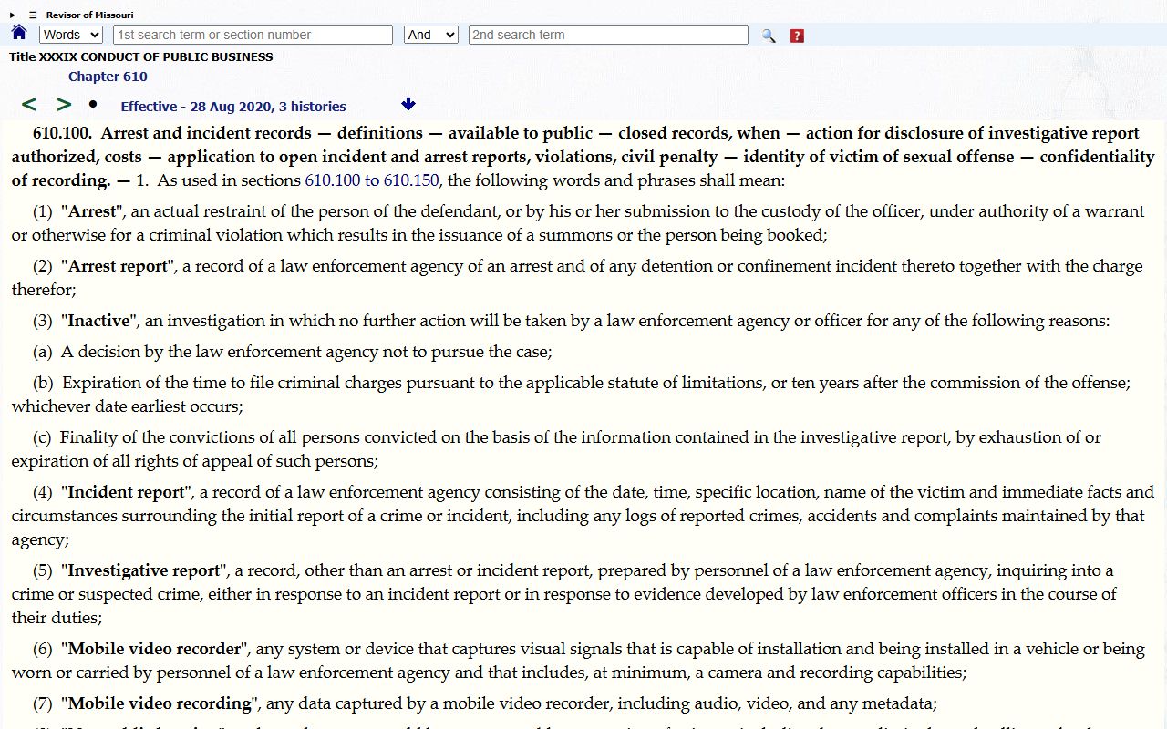 Missouri section 610.100 arrest and investigative records statute