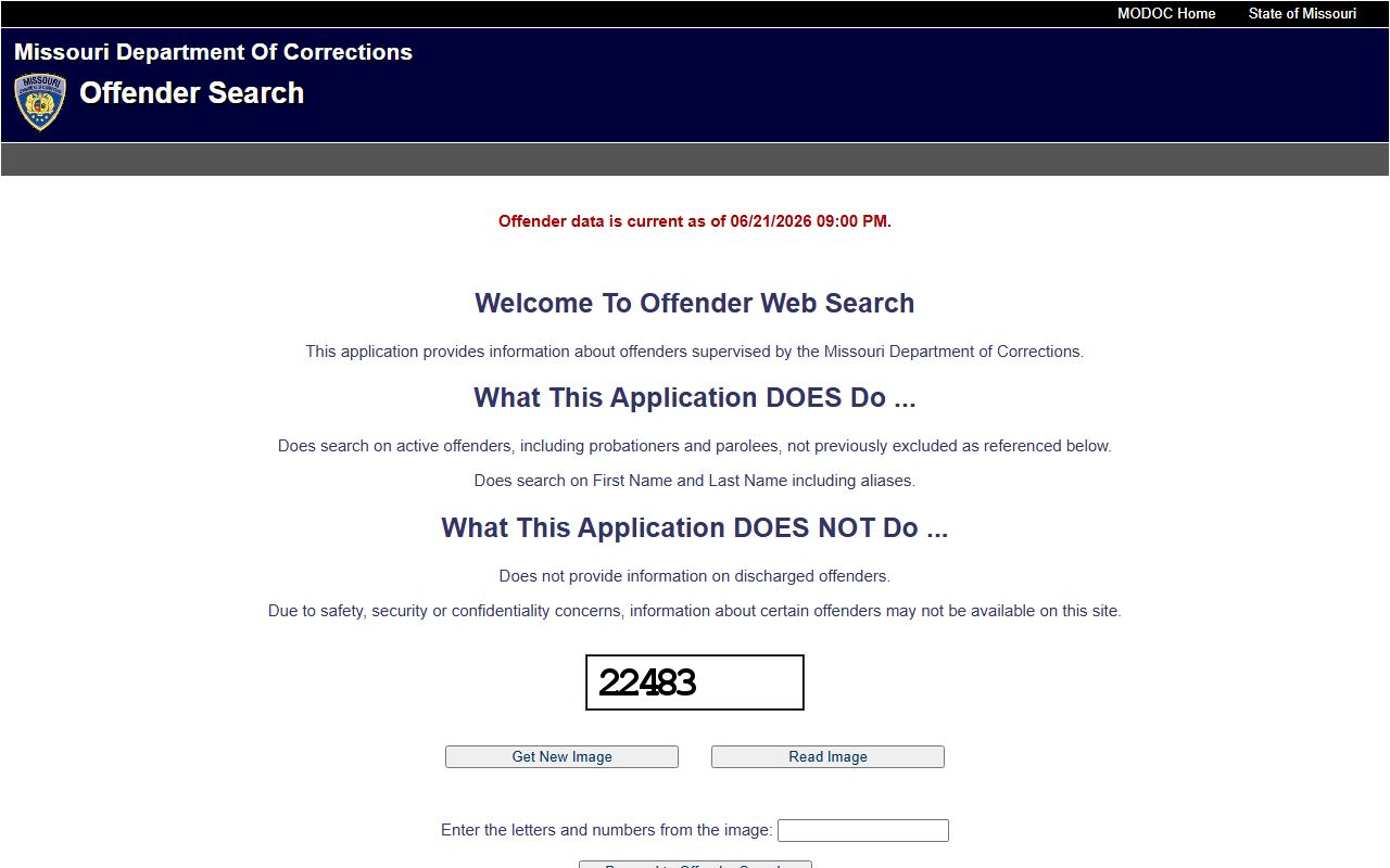 Missouri Department of Corrections offender search page