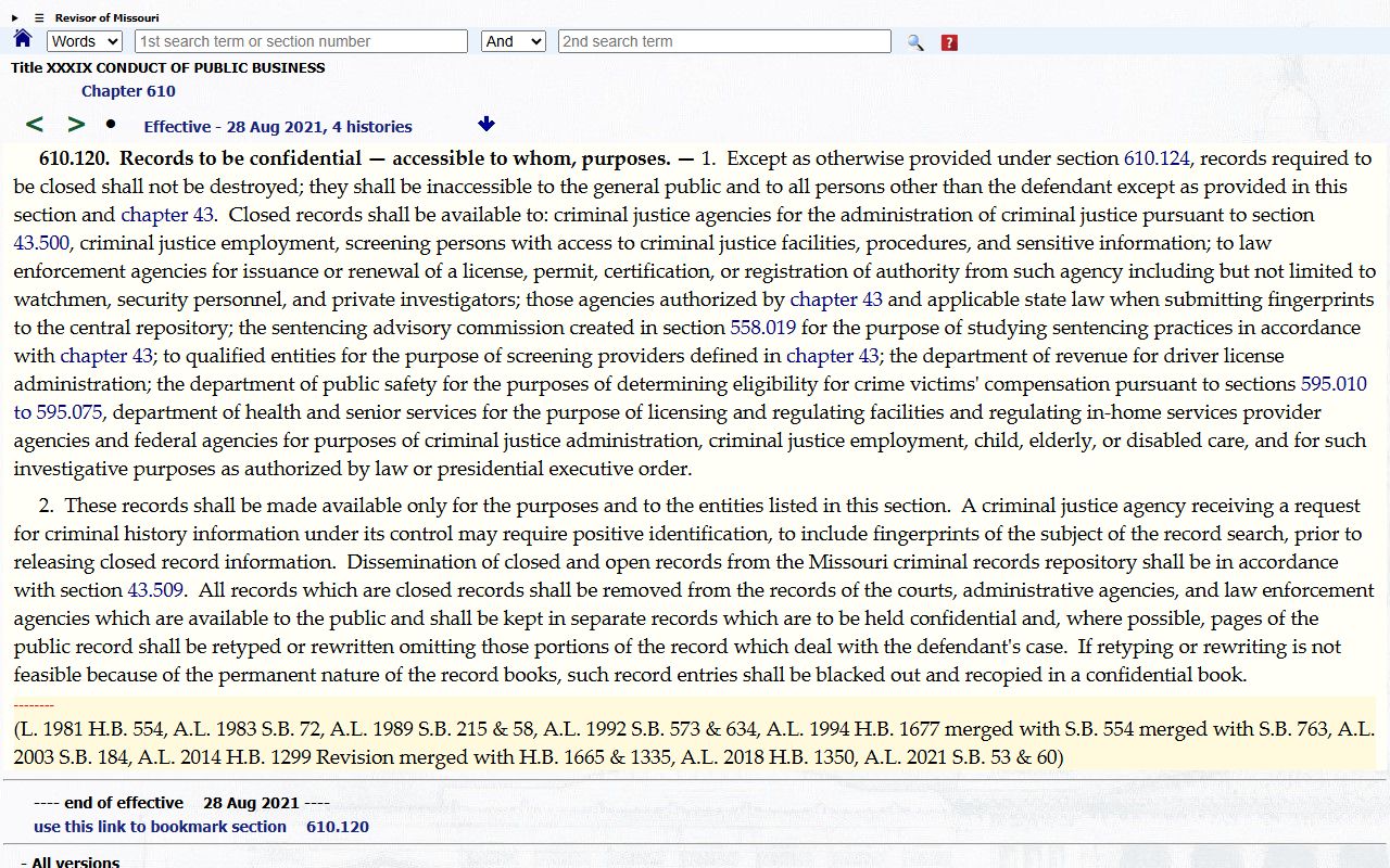 Missouri section 610.120 closed criminal records statute
