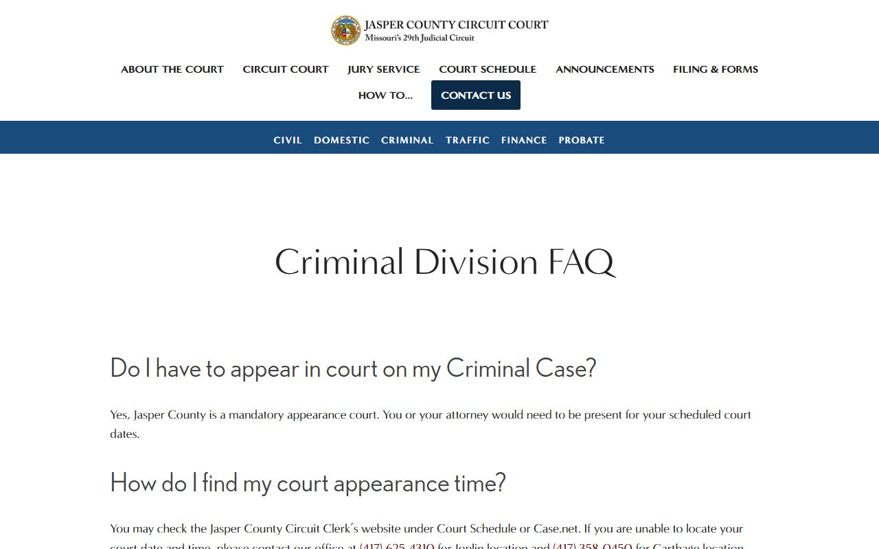 Jasper County criminal FAQ with court date and docket guidance