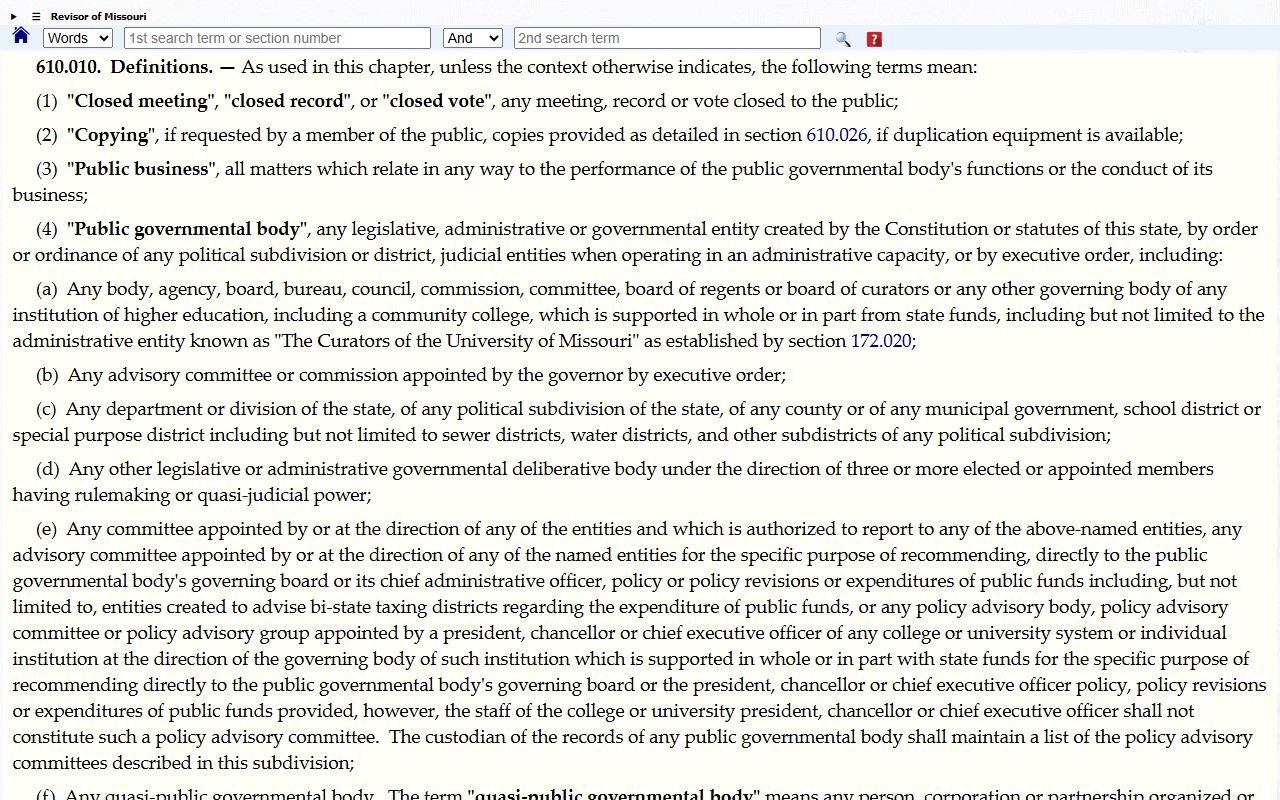 Missouri Sunshine Law Chapter 610 page for public records