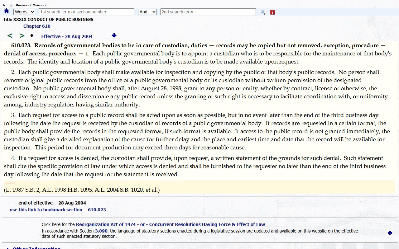 Missouri section 610.023 records custodian response statute