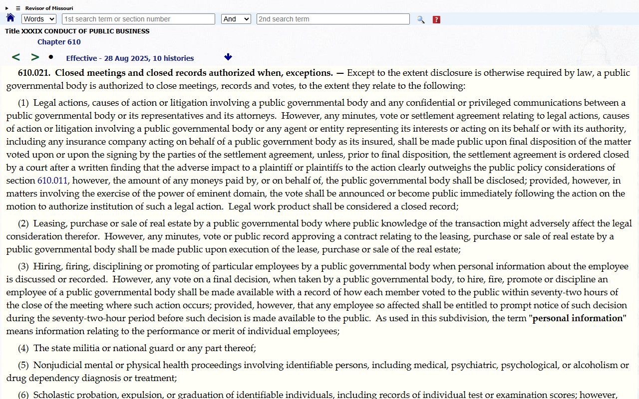 Missouri section 610.021 categories of records that may be closed