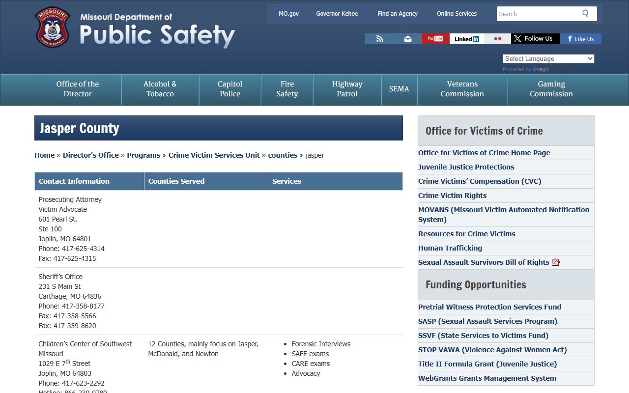 Missouri DPS victim services contact for Jasper County Prosecuting Attorney