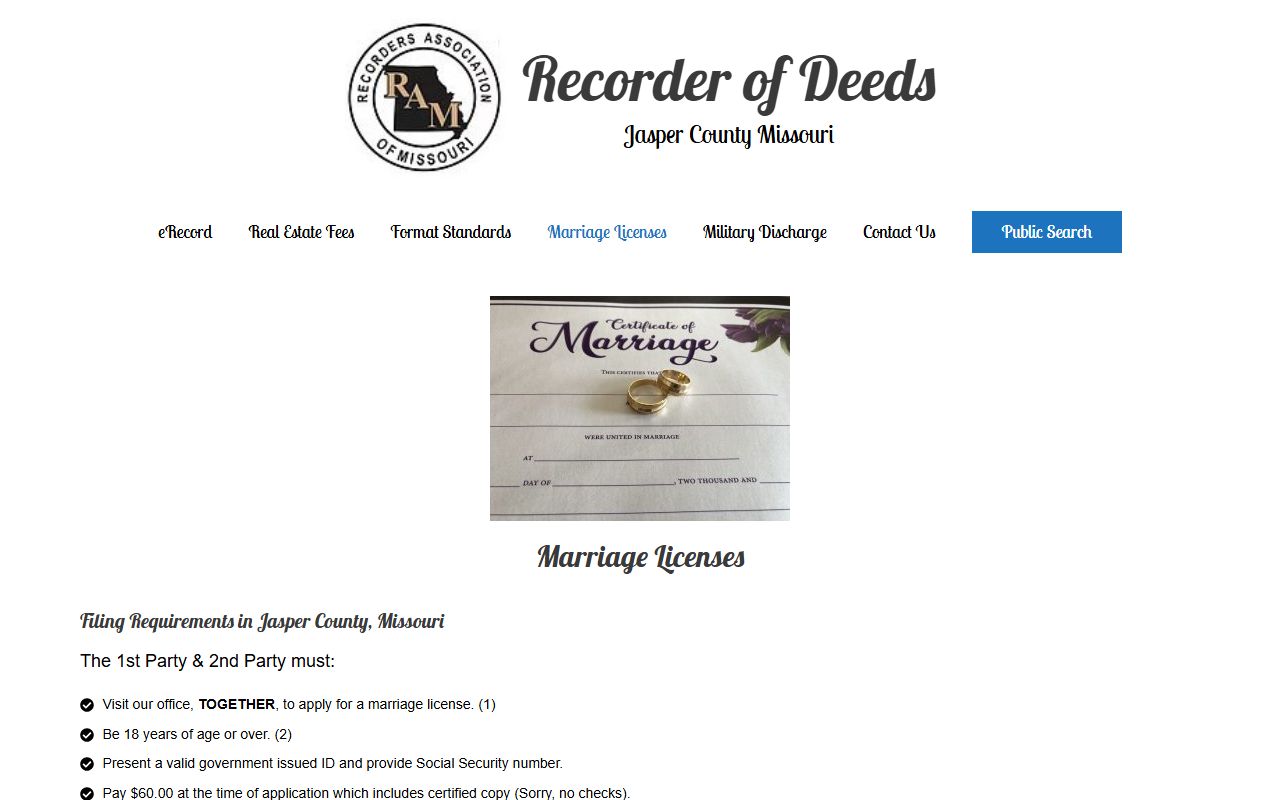 Jasper County marriage records license requirements