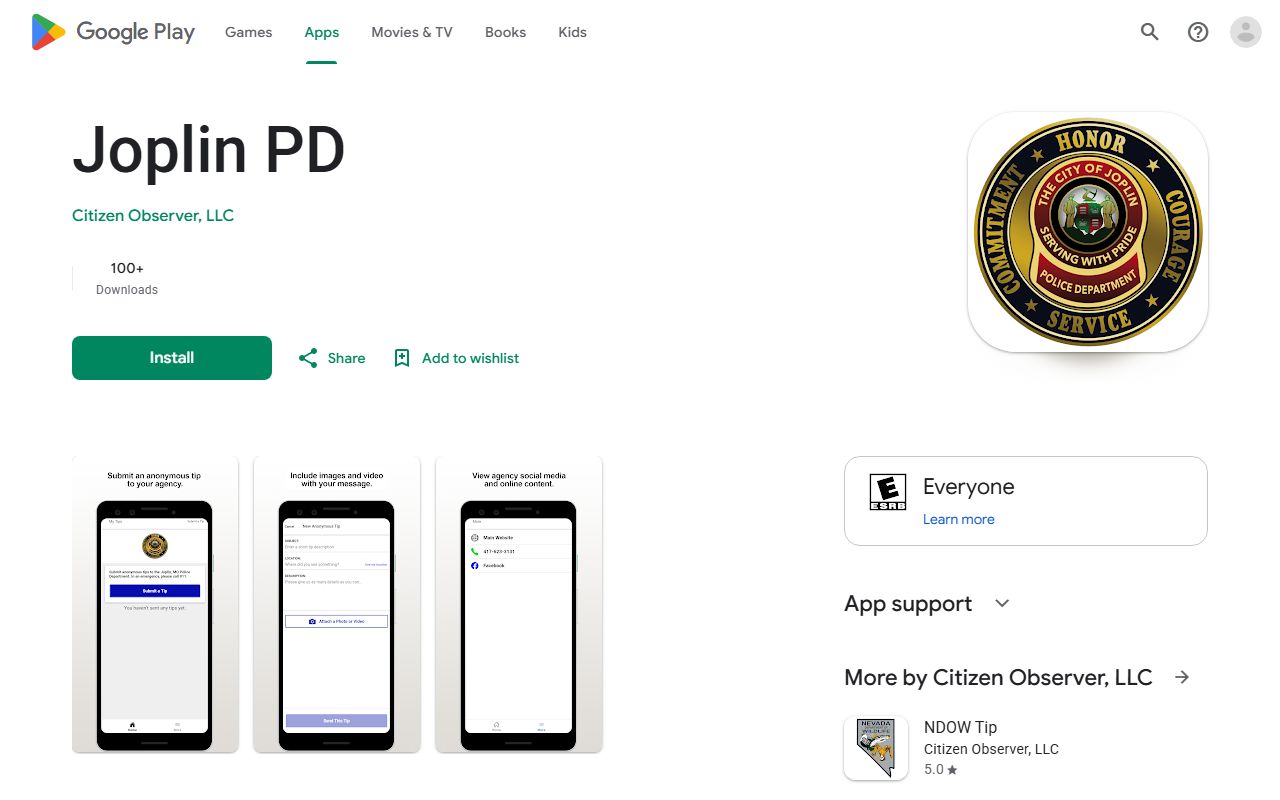 Jasper County warrant records Joplin PD Android app